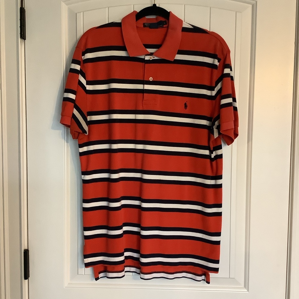 Ralph Lauren Men's Coral Red and Navy Striped Polo Shirt‎